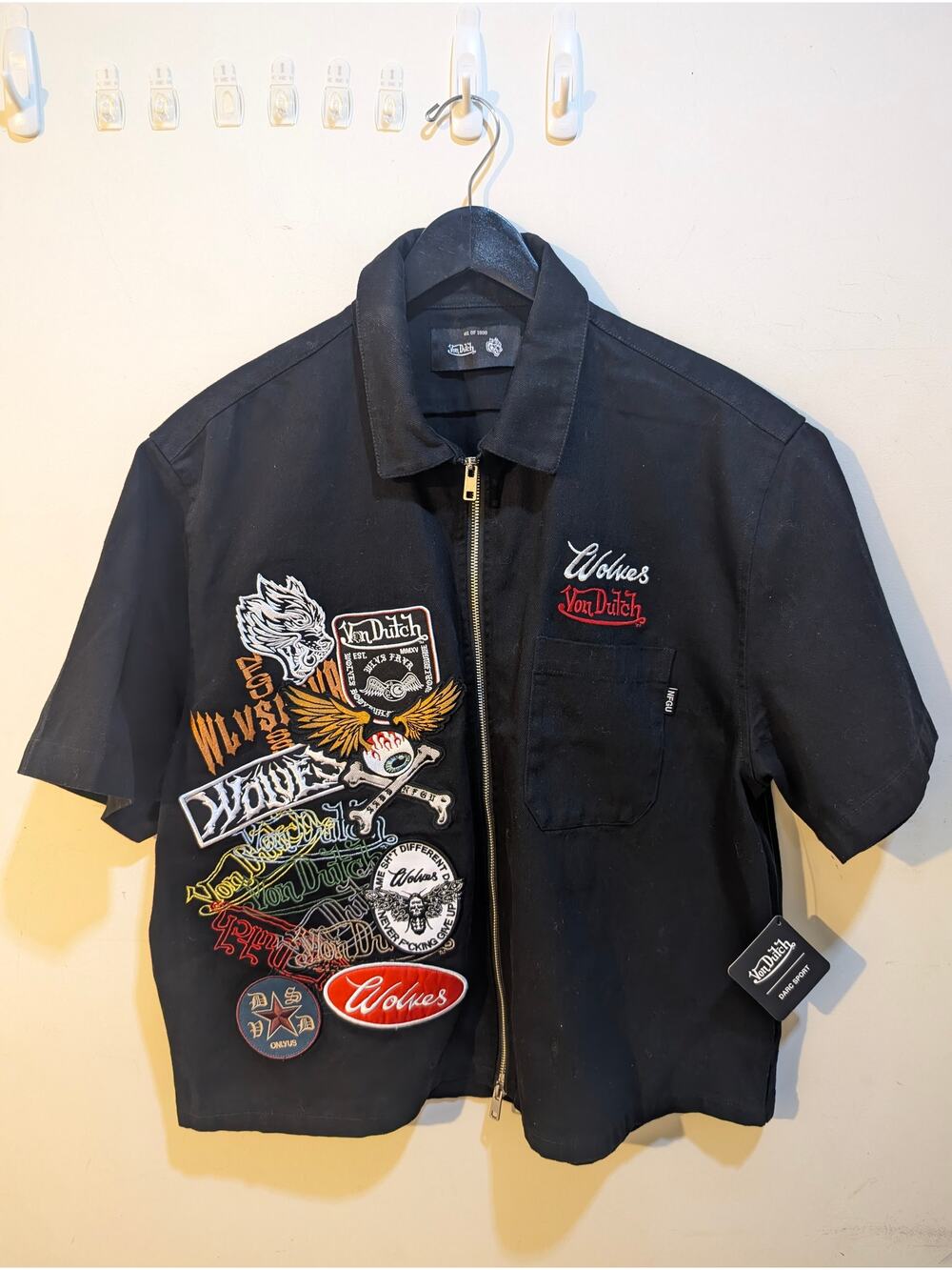 Darc Sport x Von Dutch Black Denim Work Zip Jacket Wolves CLub Patch Shirt Sz L
